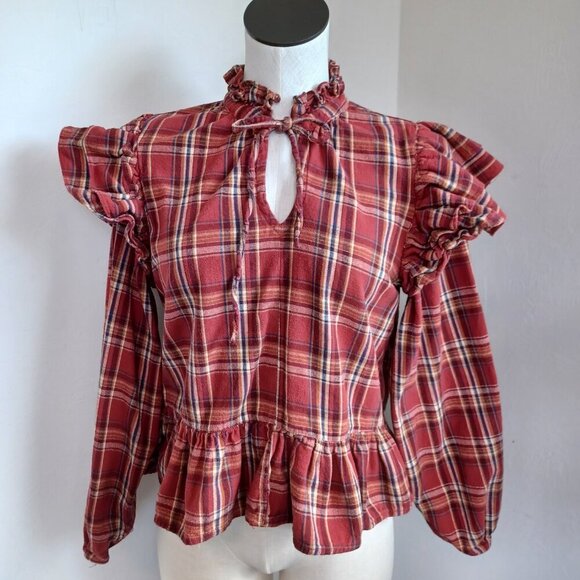 Blank NYC Top Red Plaid Flannel Ruffle Long Sleeves Boho Popover Womens Med - Picture 6 of 14